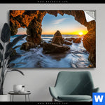 Spannbild Sonnenuntergang In Meeresgrotte Querformat Produktvorschau mit dem Bild Sonnenuntergang in Meeresgrotte im Format Querformat.
