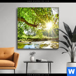 Spannbild Wald Mit Bach Bei Sonnenschein Quadrat Produktvorschau mit dem Bild Wald mit Bach bei Sonnenschein im Format Quadrat.