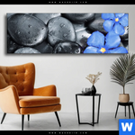 Wechselmotiv Blaue Blume Graue Steine Panorama Produktvorschau mit dem Bild Blaue Blume & Graue Steine im Format Panorama.