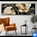 Wechselmotiv Blueten Gold Weiss Schwarz Panorama Produktvorschau mit dem Bild Blüten Gold Weiß Schwarz im Format Panorama.