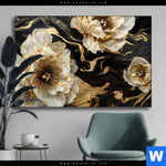 Wechselmotiv Blueten Gold Weiss Schwarz Querformat Produktvorschau mit dem Bild Blüten Gold Weiß Schwarz im Format Querformat.
