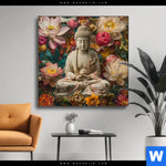 Wechselmotiv Buddha In Farbenfrohen Blumen Quadrat Produktvorschau mit dem Bild Buddha in farbenfrohen Blumen im Format Quadrat.
