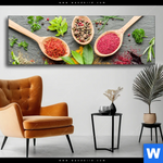 Wechselmotiv Bunte Gewuerze In Holzloeffeln Panorama Produktvorschau mit dem Bild Bunte Gewürze in Holzlöffeln im Format Panorama.