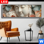 Wechselmotiv Dia Buddha Statue Mit Blueten Panorama Produktvorschau mit dem Bild Buddha-Statue mit Blüten im Format Panorama.