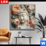 Wechselmotiv Dia Buddha Statue Mit Blueten Quadrat Produktvorschau mit dem Bild Buddha-Statue mit Blüten im Format Quadrat.