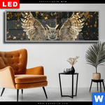 Wechselmotiv Dia Eule Inmitten Goldener Blaetter Panorama Produktvorschau mit dem Bild Eule inmitten goldener Blätter im Format Panorama.