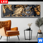 Wechselmotiv Dia Eule Und Goldene Blaetter Panorama Produktvorschau mit dem Bild Eule und goldene Blätter im Format Panorama.