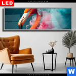 Wechselmotiv Dia Flamingo In Bunter Rauchwolke Panorama Produktvorschau mit dem Bild Flamingo in bunter Rauchwolke im Format Panorama.
