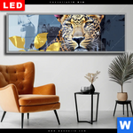 Wechselmotiv Dia Leopard Eleganz Trifft Farbe Panorama Produktvorschau mit dem Bild Leopard - Eleganz trifft Farbe im Format Panorama.