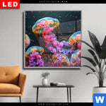 Wechselmotiv Dia Leuchtende Quallen Unter Wasser Quadrat Produktvorschau mit dem Bild Leuchtende Quallen unter Wasser im Format Quadrat.