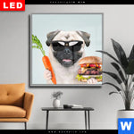 Wechselmotiv Dia Lustiger Hund Mit Burger Quadrat Produktvorschau mit dem Bild Lustiger Hund mit Burger im Format Quadrat.
