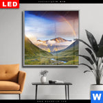 Wechselmotiv Dia Nebel Und Regenbogen Zwischen Den Bergen Quadrat Produktvorschau mit dem Bild Nebel und Regenbogen zwischen den Bergen im Format Quadrat.