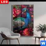 Wechselmotiv Dia Prachtvoller Pfau Und Blueten Hochformat Produktvorschau mit dem Bild Prachtvoller Pfau und Blüten im Format Hochformat.