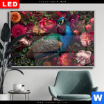 Wechselmotiv Dia Prachtvoller Pfau Und Blueten Querformat Produktvorschau mit dem Bild Prachtvoller Pfau und Blüten im Format Querformat.