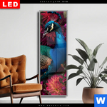 Wechselmotiv Dia Prachtvoller Pfau Und Blueten Schmal Produktvorschau mit dem Bild Prachtvoller Pfau und Blüten im Format Schmal.