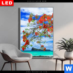 Wechselmotiv Dia Rote Blueten Und Tuerkisfarbenes Meer Hochformat Produktvorschau mit dem Bild Rote Blüten und Türkisfarbenes Meer im Format Hochformat.