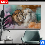 Wechselmotiv Dia Sanfte Loewenmomente In Buntem Nebel Querformat Produktvorschau mit dem Bild Sanfte Löwenmomente in buntem Nebel im Format Querformat.