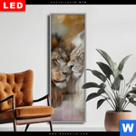 Wechselmotiv Dia Sanfte Loewenmomente In Buntem Nebel Schmal Produktvorschau mit dem Bild Sanfte Löwenmomente in buntem Nebel im Format Schmal.