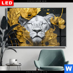 Wechselmotiv Dia Weisse Loewin Mit Goldblueten Querformat Produktvorschau mit dem Bild Weiße Löwin mit Goldblüten im Format Querformat.