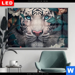 Wechselmotiv Dia Weisser Tiger Mit Blauen Augen Zwischen Blumen Querformat Produktvorschau mit dem Bild Weißer Tiger mit blauen Augen zwischen Blumen im Format Querformat.
