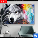 Wechselmotiv Dia Wolf Mit Bunten Farbspritzern Querformat Produktvorschau mit dem Bild Wolf mit bunten Farbspritzern im Format Querformat.