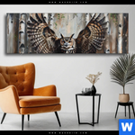 Wechselmotiv Eule Im Birkenwald Panorama Produktvorschau mit dem Bild Eule im Birkenwald im Format Panorama.