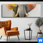 Wechselmotiv Farbenexplosion Mit Elefant Panorama Produktvorschau mit dem Bild Farbenexplosion mit Elefant im Format Panorama.