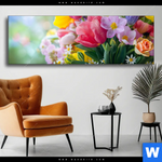 Wechselmotiv Farbenfrohe Fruehlingsblueten Panorama Produktvorschau mit dem Bild Farbenfrohe Frühlingsblüten im Format Panorama.
