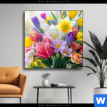 Wechselmotiv Farbenfrohe Fruehlingsblueten Quadrat Produktvorschau mit dem Bild Farbenfrohe Frühlingsblüten im Format Quadrat.
