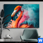 Wechselmotiv Flamingo In Bunter Rauchwolke Querformat Produktvorschau mit dem Bild Flamingo in bunter Rauchwolke im Format Querformat.