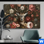 Wechselmotiv Friedlicher Hirsch Und Blueten Querformat Produktvorschau mit dem Bild Friedlicher Hirsch und Blüten im Format Querformat.
