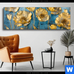 Wechselmotiv Goldene Blumen Auf Blau Panorama Produktvorschau mit dem Bild Goldene Blumen auf Blau im Format Panorama.