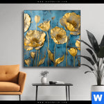 Wechselmotiv Goldene Blumen Auf Blau Quadrat Produktvorschau mit dem Bild Goldene Blumen auf Blau im Format Quadrat.