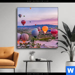 Wechselmotiv Heissluftballons Im Sonnenuntergang Quadrat Produktvorschau mit dem Bild Heißluftballons im Sonnenuntergang im Format Quadrat.