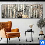 Wechselmotiv Hirsch Im Birkenwald Panorama Produktvorschau mit dem Bild Hirsch im Birkenwald im Format Panorama.