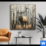 Wechselmotiv Hirsch Im Birkenwald Quadrat Produktvorschau mit dem Bild Hirsch im Birkenwald im Format Quadrat.