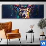 Wechselmotiv Hirsch Im Leuchtenden Farbmix Panorama Produktvorschau mit dem Bild Hirsch im leuchtenden Farbmix im Format Panorama.