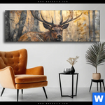 Wechselmotiv Hirsch Im Morgenlicht Panorama Produktvorschau mit dem Bild Hirsch im Morgenlicht im Format Panorama.