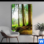 Wechselmotiv Idyllischer Wald Bei Sonnenaufgang Hochformat Produktvorschau mit dem Bild Idyllischer Wald bei Sonnenaufgang im Format Hochformat.