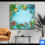 Wechselmotiv Kraeuter Auf Blauem Holztisch Quadrat Produktvorschau mit dem Bild Kräuter auf blauem Holztisch im Format Quadrat.