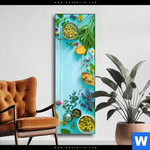 Wechselmotiv Kraeuter Auf Blauem Holztisch Schmal Produktvorschau mit dem Bild Kräuter auf blauem Holztisch im Format Schmal.