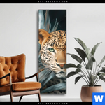 Wechselmotiv Leopard Zwischen Blaettern Schmal Produktvorschau mit dem Bild Leopard zwischen Blättern im Format Schmal.