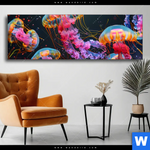 Wechselmotiv Leuchtende Quallen Unter Wasser Panorama Produktvorschau mit dem Bild Leuchtende Quallen unter Wasser im Format Panorama.