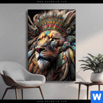 Wechselmotiv Loewenkopf Mit Bunten Federn Hochformat Produktvorschau mit dem Bild Löwenkopf mit bunten Federn im Format Hochformat.