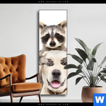 Wechselmotiv Lustige Waschbaeren Mit Hund Schmal Produktvorschau mit dem Bild Lustige Waschbären mit Hund im Format Schmal.