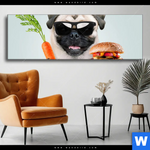 Wechselmotiv Lustiger Hund Mit Burger Panorama Produktvorschau mit dem Bild Lustiger Hund mit Burger im Format Panorama.