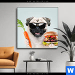 Wechselmotiv Lustiger Hund Mit Burger Quadrat Produktvorschau mit dem Bild Lustiger Hund mit Burger im Format Quadrat.