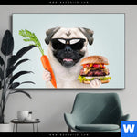 Wechselmotiv Lustiger Hund Mit Burger Querformat Produktvorschau mit dem Bild Lustiger Hund mit Burger im Format Querformat.