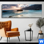Wechselmotiv Meeresrauschen Bei Sonnenuntergang Panorama Produktvorschau mit dem Bild Meeresrauschen bei Sonnenuntergang im Format Panorama.