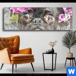 Wechselmotiv Mops Blumen Panorama Produktvorschau mit dem Bild Mops & Blumen im Format Panorama.